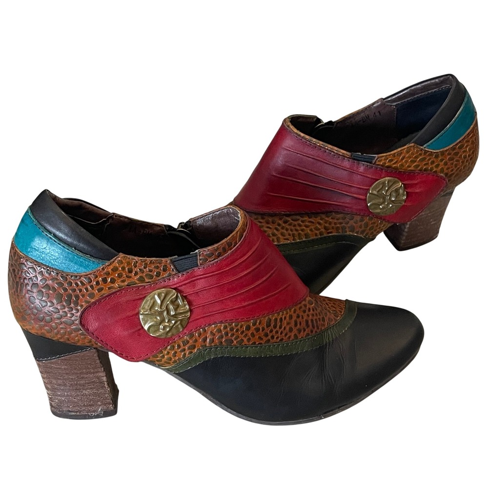 Spring Step L'Artiste Colorblock‎ Leather Booties 41 Art to Wear Chunky Heel Y2K